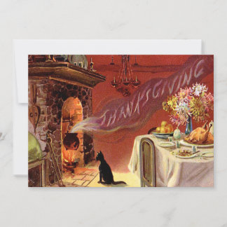 Erntedank-Abendessen-schwarze Katzen-Kamin die Feiertagskarte