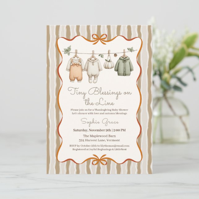Erntedank Baby Shower Girl | Gemütliche Wäschelein Einladung (Stehend Vorderseite)