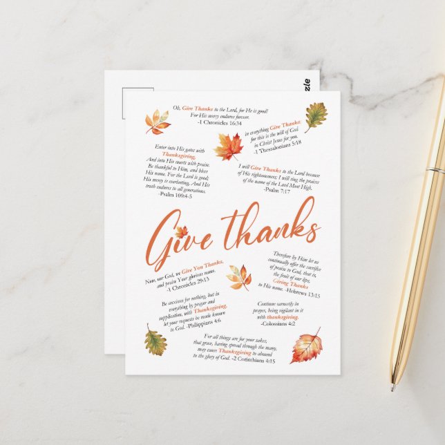 Erntedank-Bibelverse mit Herbstblättern Postkarte (Vorderseite/Rückseite Beispiel)