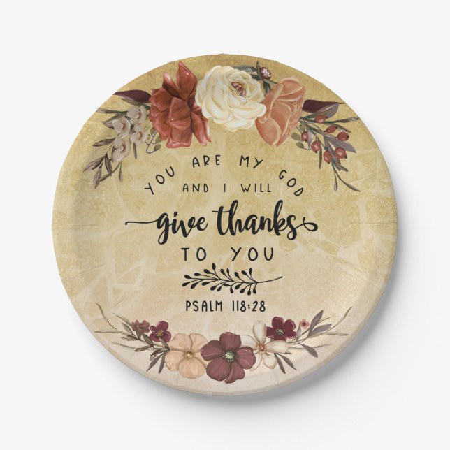 Erntedank Bible Verse Ich danke der Floral Pappteller (Vorderseite)