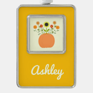 Erntedank Blume in Pumpkin Individuelle Name Rahmen-Ornament Silber