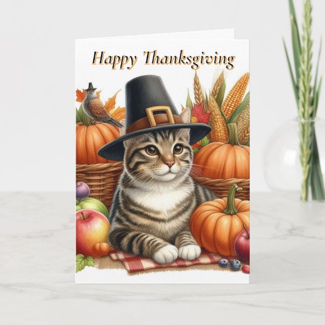 Erntedank Cat mit Pumpkins Holiday Feiertagskarte (Vorderseite)