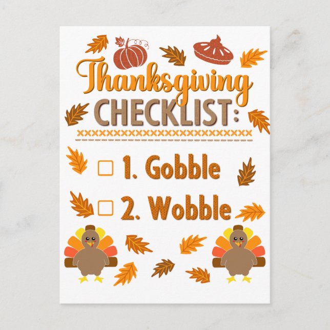 Erntedank Checklist Gobble Wobble Ugly Sweater Postkarte (Vorderseite)