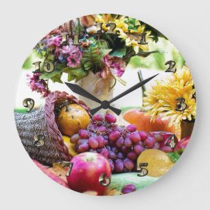 Erntedank Cronucopia mit Obst und Blume Große Wanduhr