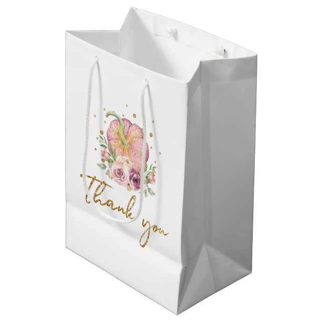 Erntedank Danke Pink Pumpkin Mittlere Geschenktüte (Vorderseite Schrägansicht)