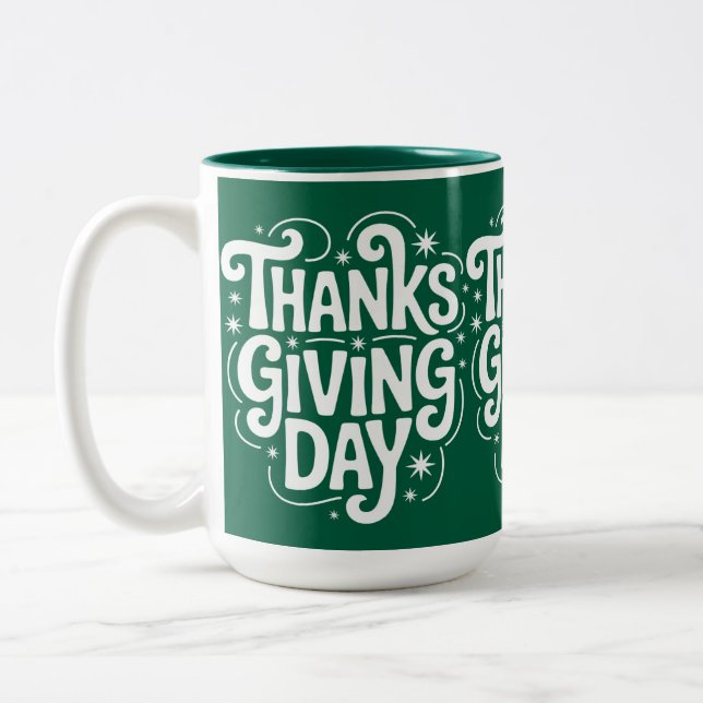Erntedank Day Celebrate mit Familie und Freunden Zweifarbige Tasse (Links)