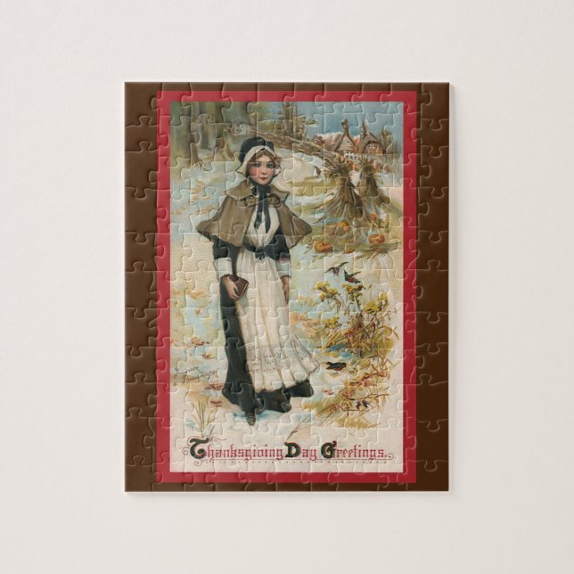 Erntedank Day Greetings mit einer Pilgerin (Vertikal)