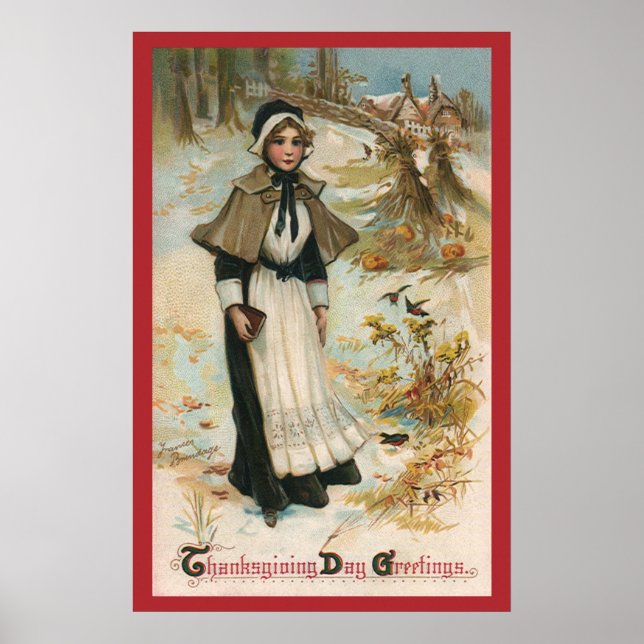Erntedank Day Greetings mit einer Pilgerin Poster (Vorne)