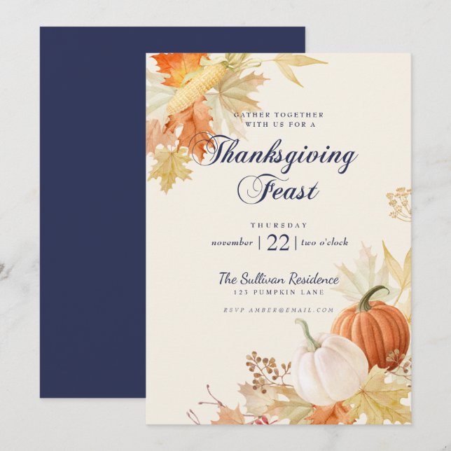 Erntedank Dinner Fest Floral Pumpkin Navy Blau Einladung (Vorne/Hinten)