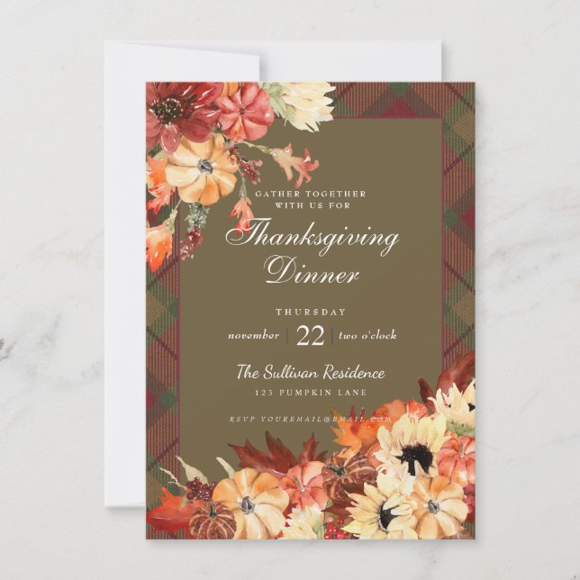 Erntedank Dinner Herbst Kürbiskürbis Tartan Einladung (Vorderseite)