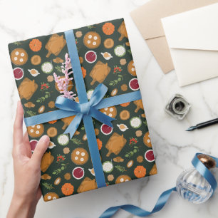 Erntedank Dinner Meetingmuster Grün Geschenkpapier