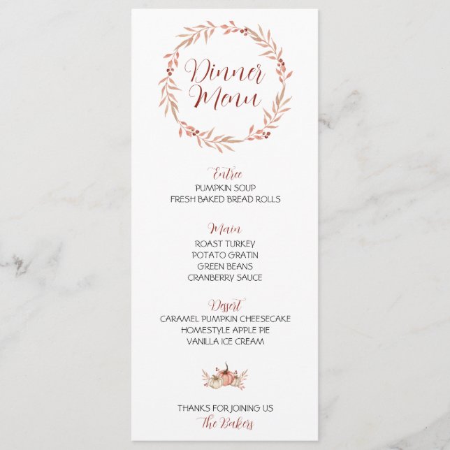 Erntedank Dinner Menu Pumpkin Gewürz Menükarte (Vorderseite)