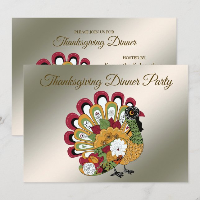 Erntedank Dinner Party Farbenfrohe Blüte Türkei Einladung (Vorne/Hinten)