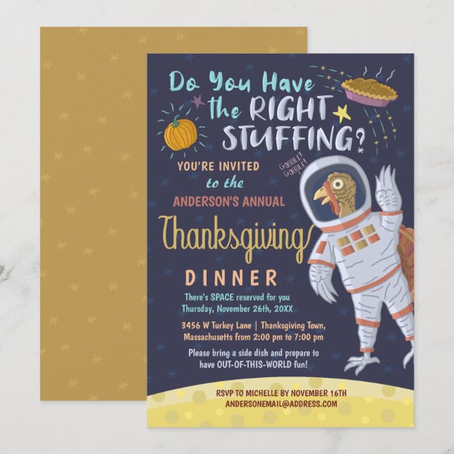 Erntedank Dinner Party Funny Astronaut Türkei Einladung (Vorne/Hinten)