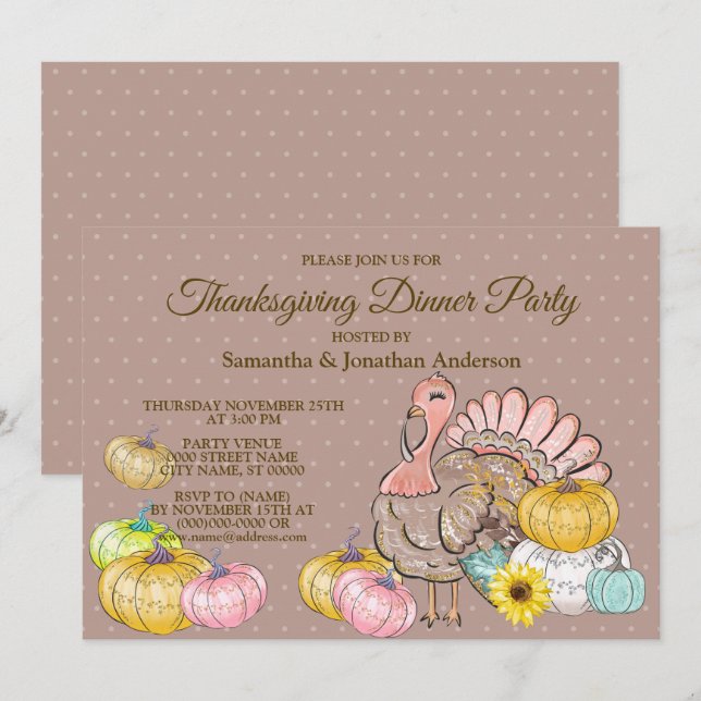 Erntedank Dinner Party Türkei Pumpkins Pink Tan Einladung (Vorne/Hinten)