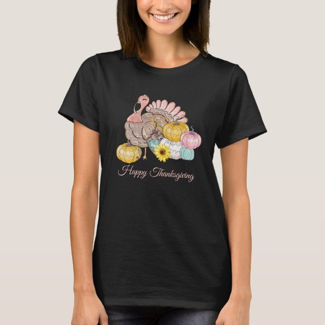 Erntedank Dinner Party Türkei Pumpkins Pink Tan T-Shirt (Vorderseite)