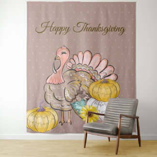 Erntedank Dinner Party Türkei Pumpkins Pink Tan Wandteppich
