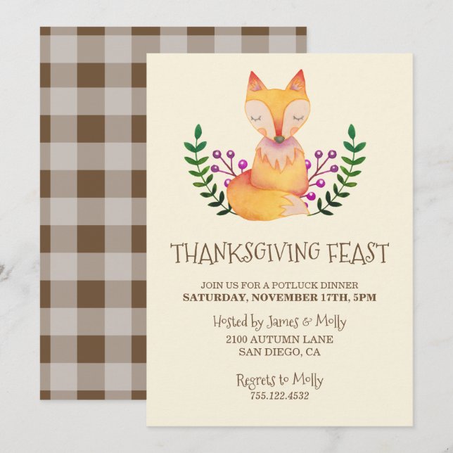 Erntedank Dinner Party Watercolor Fox Einladung (Vorne/Hinten)