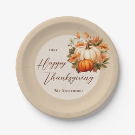 Erntedank Dinner Pumpkin Floral Script Beige Pappteller