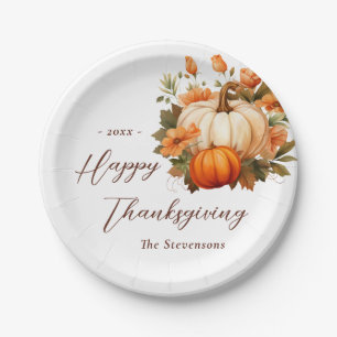 Erntedank Dinner Pumpkin Floral Script Weiß Pappteller