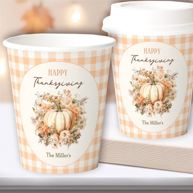 Erntedank Dinner Pumpkin Gingham Pastel Orange Pappbecher (Thanksgiving Dinner Pumpkin Gingham Pastel Orange Paper Cups)
