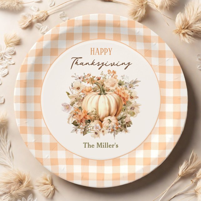 Erntedank Dinner Pumpkin Gingham Pastel Pappteller (Thanksgiving Dinner Pumpkin Gingham Pastel Paper Plates)