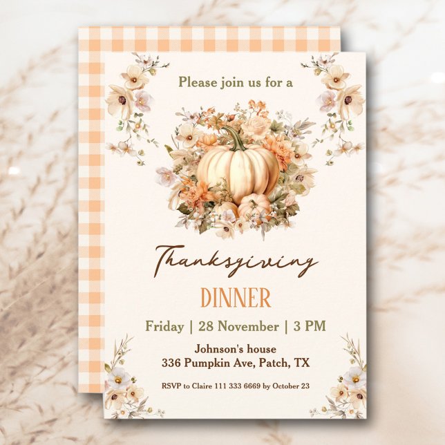 Erntedank Dinner Pumpkin Pastell Orange Floral Einladung (Thanksgiving Dinner Pumpkin Pastel Orange Floral Invitation )