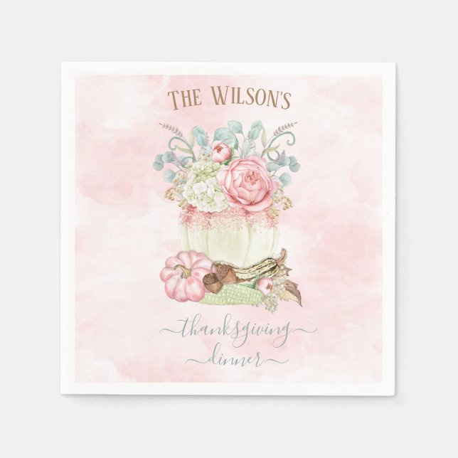 Erntedank Dinner Pumpkin Pink Green Napkins Serviette (Vorderseite)