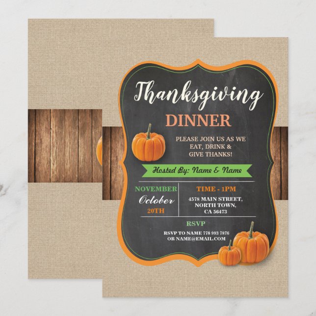 Erntedank Dinner Pumpkin Rustic Wood Einladung (Vorne/Hinten)
