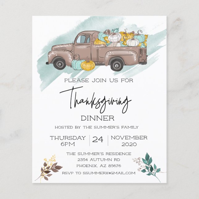 Erntedank Dinner Pumpkin Truck Wasserfarbeninvik Flyer (Vorne)