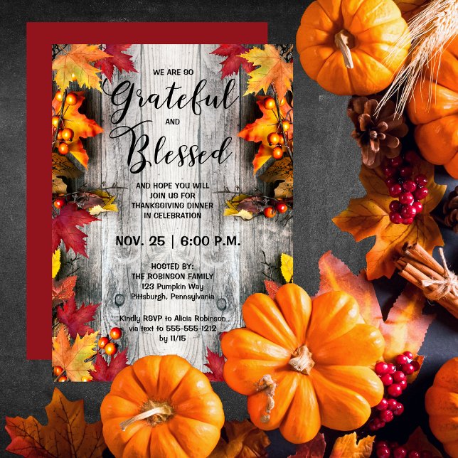 Erntedank Dinner Rustikal Woodsy dankbar Selig Einladung (Thanksgiving Dinner Rustic Woodsy Wood-Look and Leaves Grateful and Blessed Invitation)
