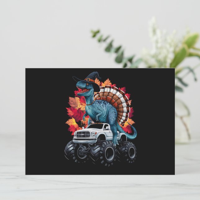 Erntedank Dinosaur T-Rex Monster Truck Einladung (Stehend Vorderseite)