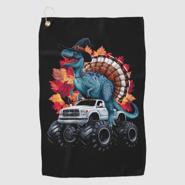 Erntedank Dinosaur T-Rex Monster Truck Golfhandtuch (Vorderseite)