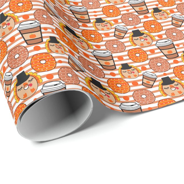 Erntedank Donuts und Kaffeefall Orangenstreifen Geschenkpapier (Rolleneckpunkt)