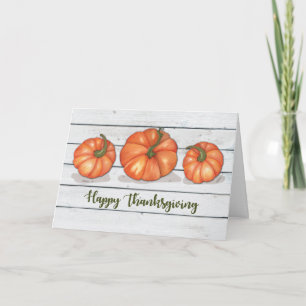 Erntedank Drei Pumpkins auf Holzklötze Karte