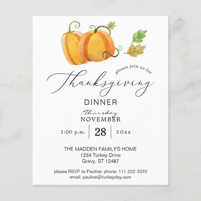 Erntedank Duo Pumpkin Aquarellmahlzeit Abendessen Flyer (Vorne)