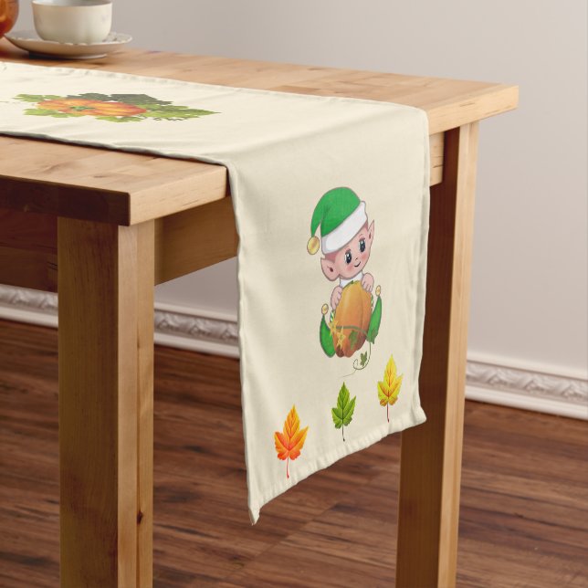 Erntedank Elf und Herbstlaub auf Beige Kurzer Tischläufer (Beispiel)