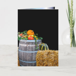 Erntedank Ernte Szene mit Barrel und Produktion Feiertagskarte