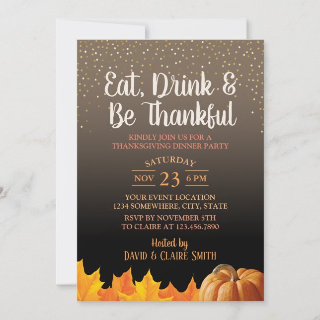 Erntedank essen Drink & Be Thankful Dinner Party Einladung (Vorderseite)