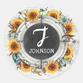 Erntedank Fall Sonnenblumen Pumpkins Monogramm Runder Aufkleber