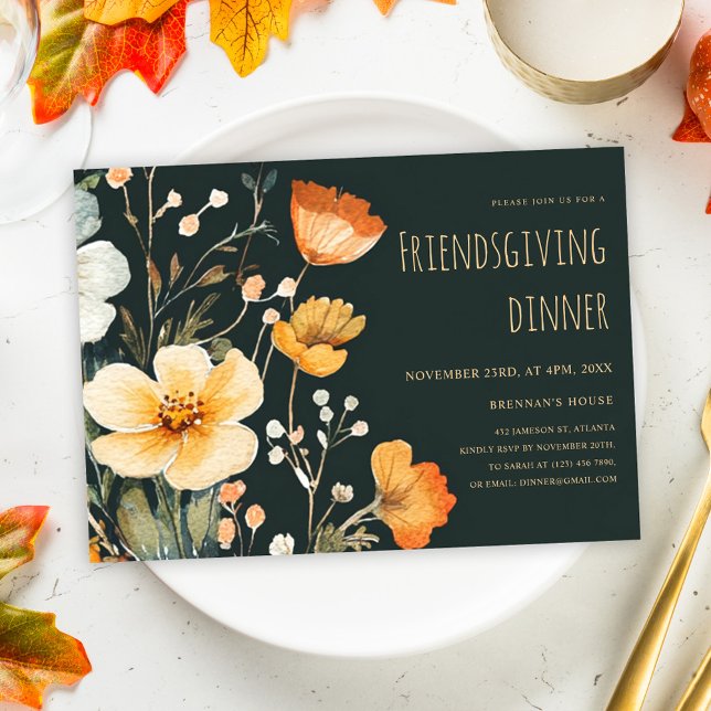 Erntedank Floral Rustikales Friendsgiving Dinner Einladung (Thanksgiving Floral Rustic Friendsgiving Dinner Invitation)