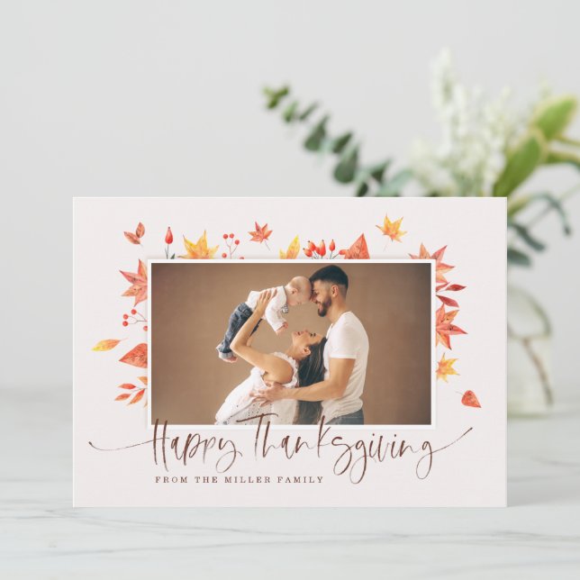 Erntedank Foto-Card Glücklich Thanksgiving-Blätter Karte (Stehend Vorderseite)