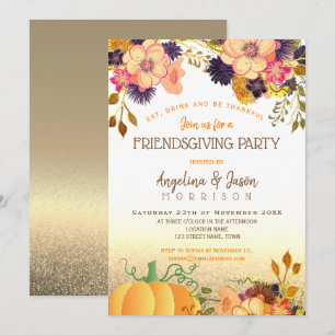 Erntedank Friendsgiving Party Pink Gold Floral Einladung