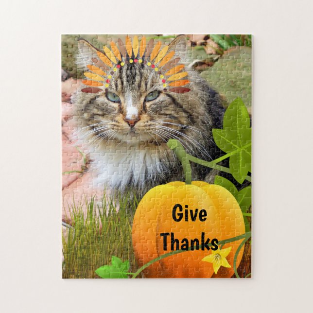Erntedank "Give Danke" Niedliche Katze und Kürbisk (Vertikal)