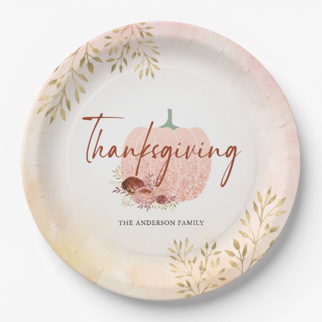 Erntedank Herbst Rose Gold Glitzer Pumpkin Pappteller (Vorderseite)
