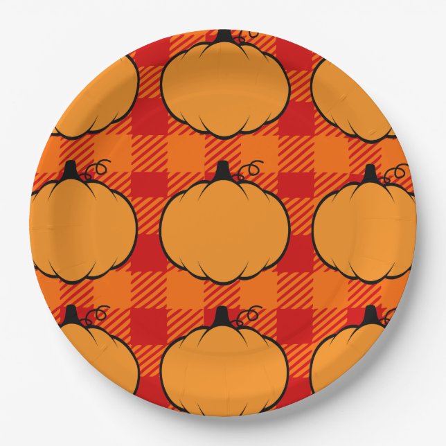 Erntedank Kariert Pumpkin Zeichnend Pappteller (Vorderseite)