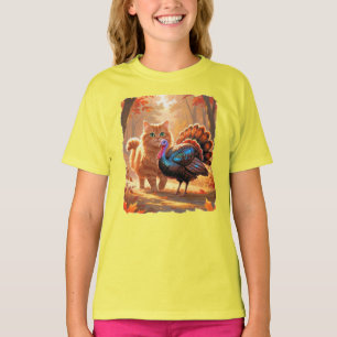 Erntedank Katze, die mit ihrem Putenfreund spazier T-Shirt