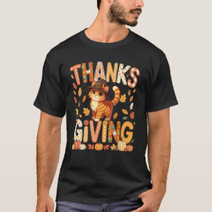 Erntedank-Katze Niedlich Pilger Herbstlaub Bunt T-Shirt