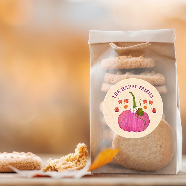 Erntedank Kürbis fallen Blattwerk personalisieren Runder Aufkleber (Thanksgiving Fall Pumpkin Pink Packaging and Party Favor Bags. Easy to personalize)