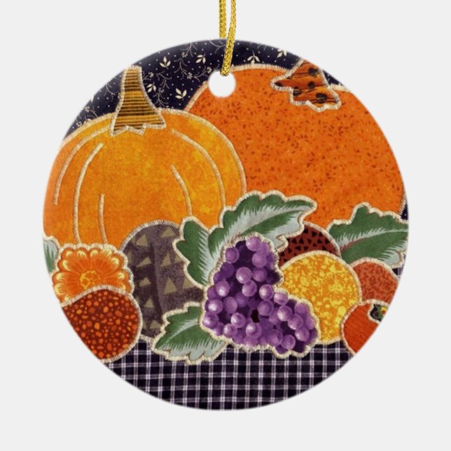 Erntedank-Kürbis und Freund-Patchwork Keramikornament (Vorne)